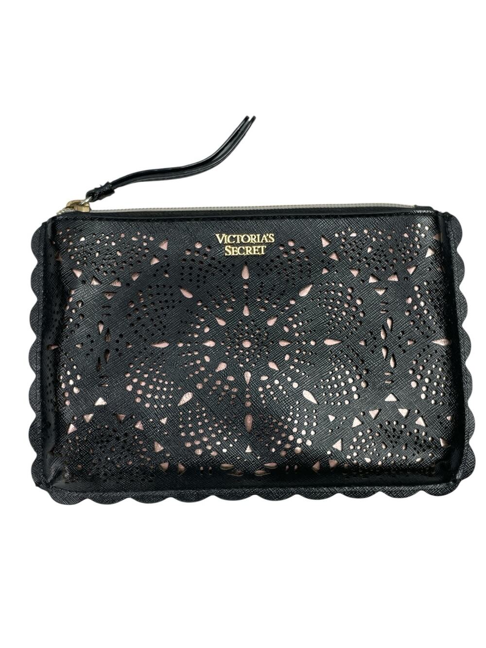 Victoria's Secret Black Laser Cut Leather Scalloped Night Out Wristlet Purse